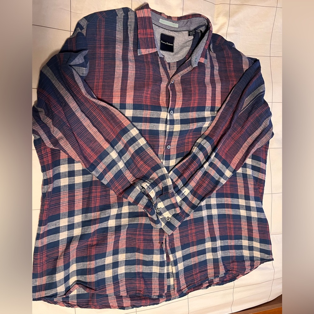 Tommy Bahama Big and Tall linen and cotton Red and Blue Plaid Casual Shirt